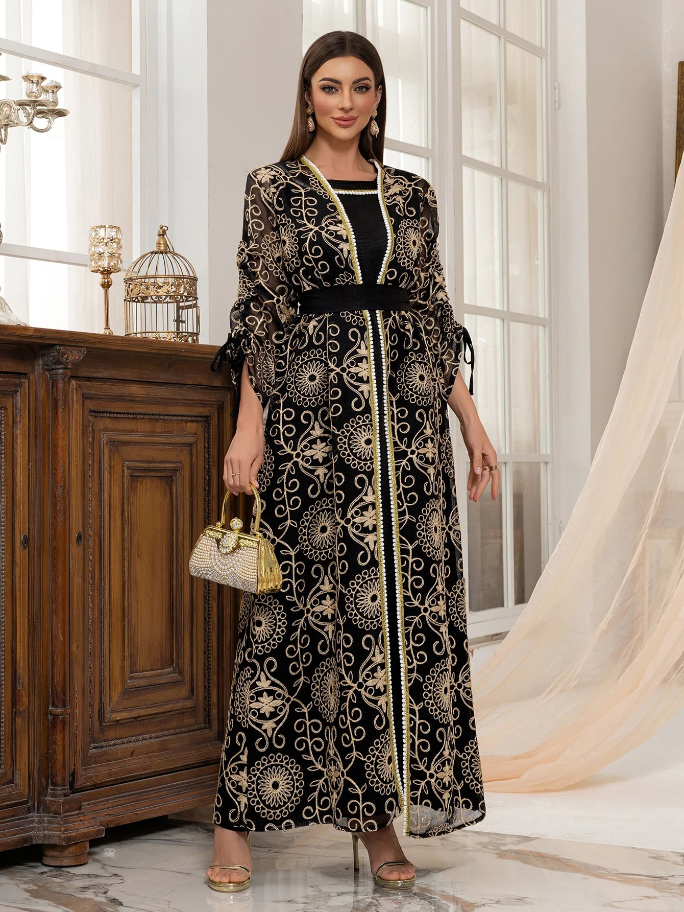 Regal Embroidered Dress Set with Belt Luxurious Modest Elegance for Gathering & Beyond
