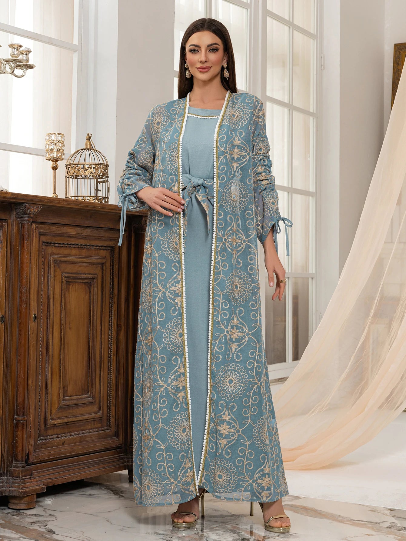 Regal Embroidered Dress Set with Belt Luxurious Modest Elegance for Gathering & Beyond