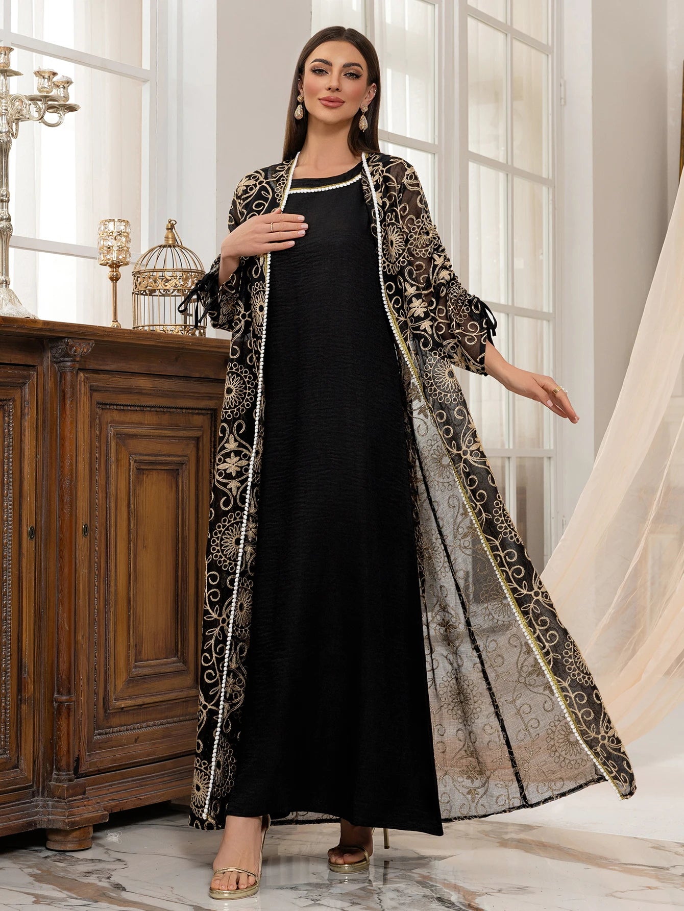 Regal Embroidered Dress Set with Belt Luxurious Modest Elegance for Gathering & Beyond