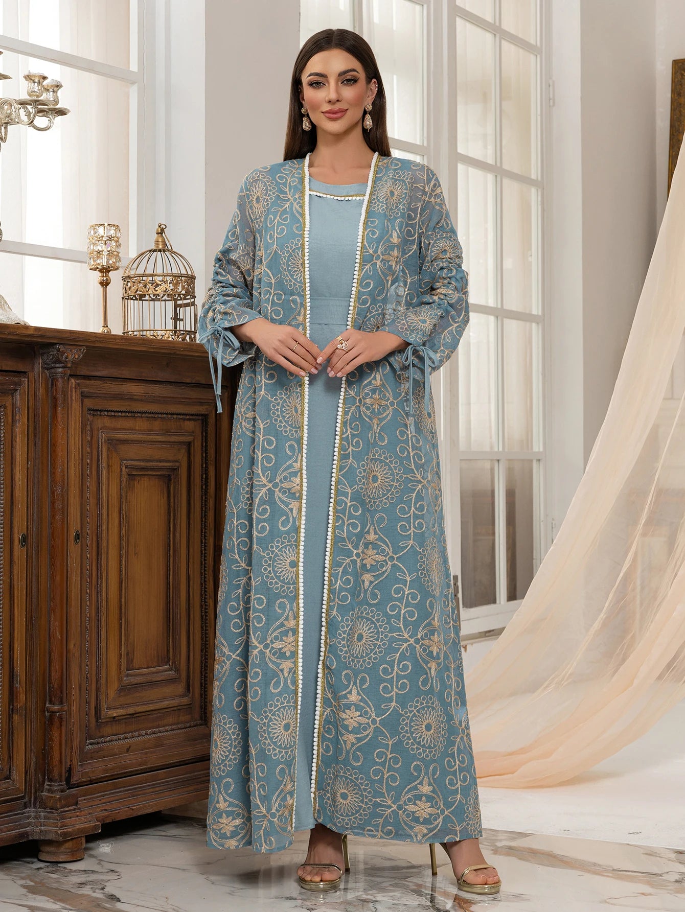 Regal Embroidered Dress Set with Belt Luxurious Modest Elegance for Gathering & Beyond