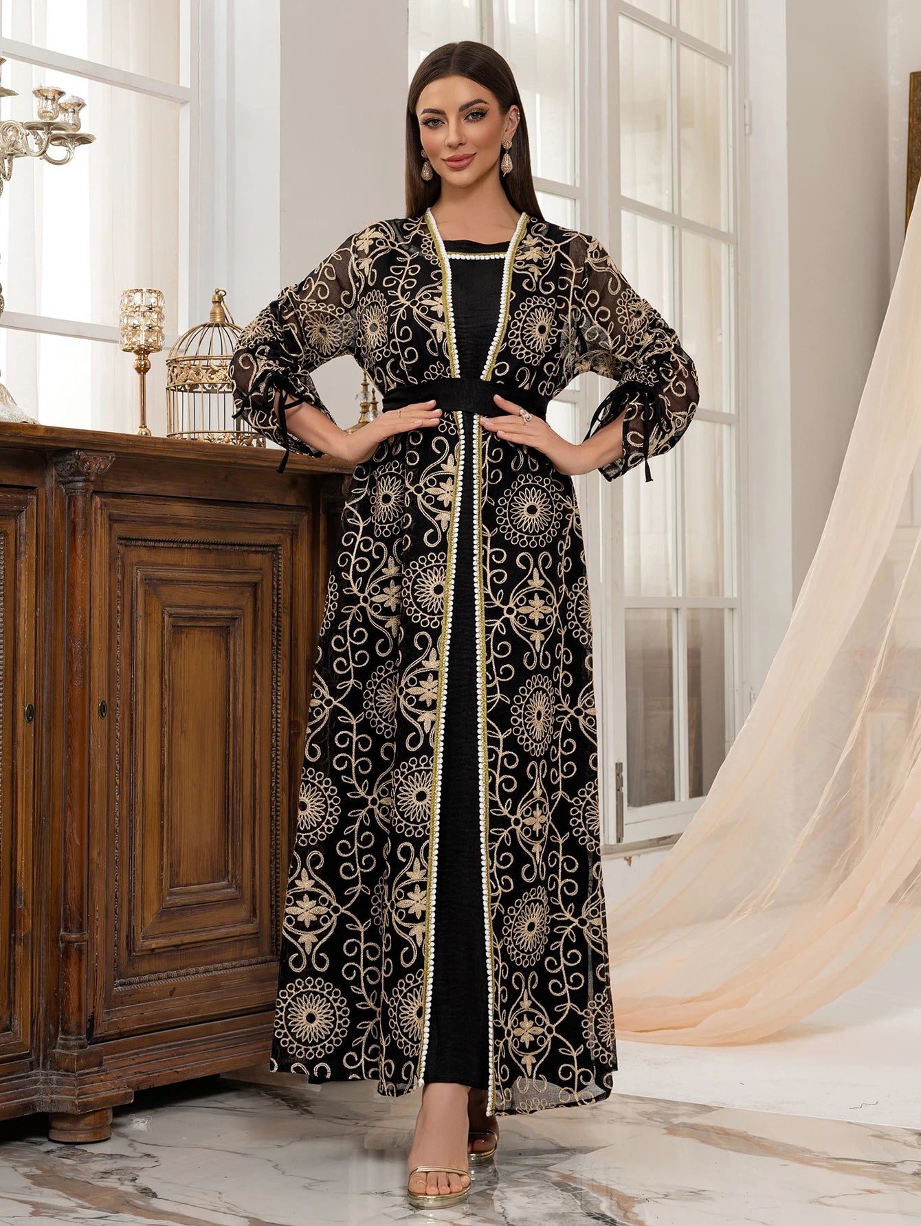 Regal Embroidered Dress Set with Belt Luxurious Modest Elegance for Gathering & Beyond
