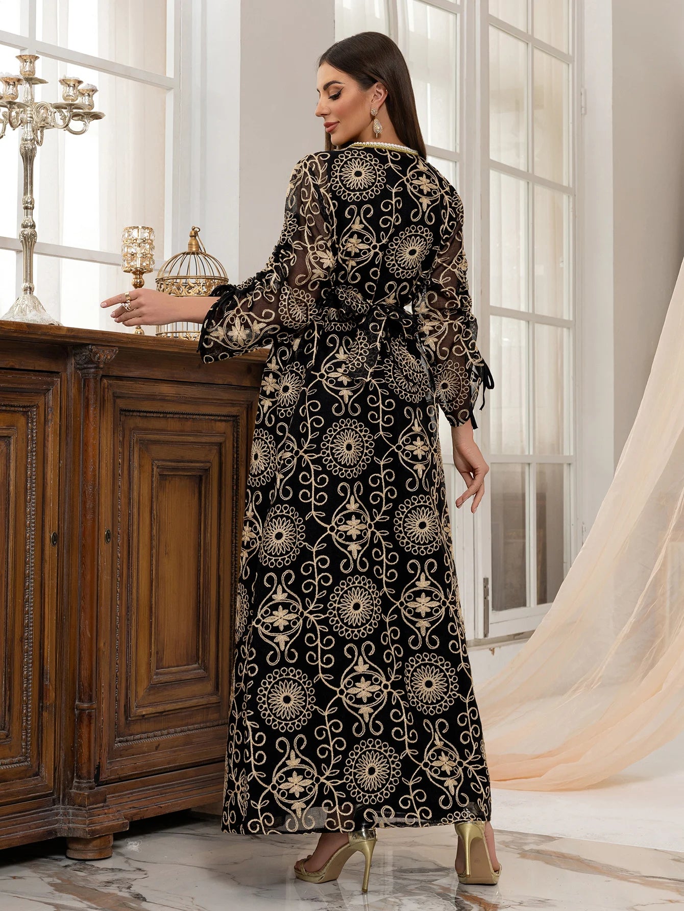 Regal Embroidered Dress Set with Belt Luxurious Modest Elegance for Gathering & Beyond