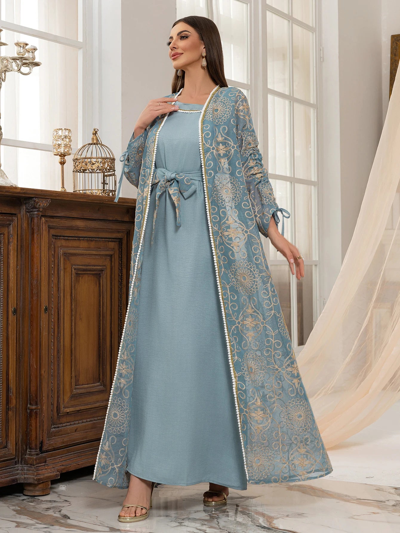 Regal Embroidered Dress Set with Belt Luxurious Modest Elegance for Gathering & Beyond