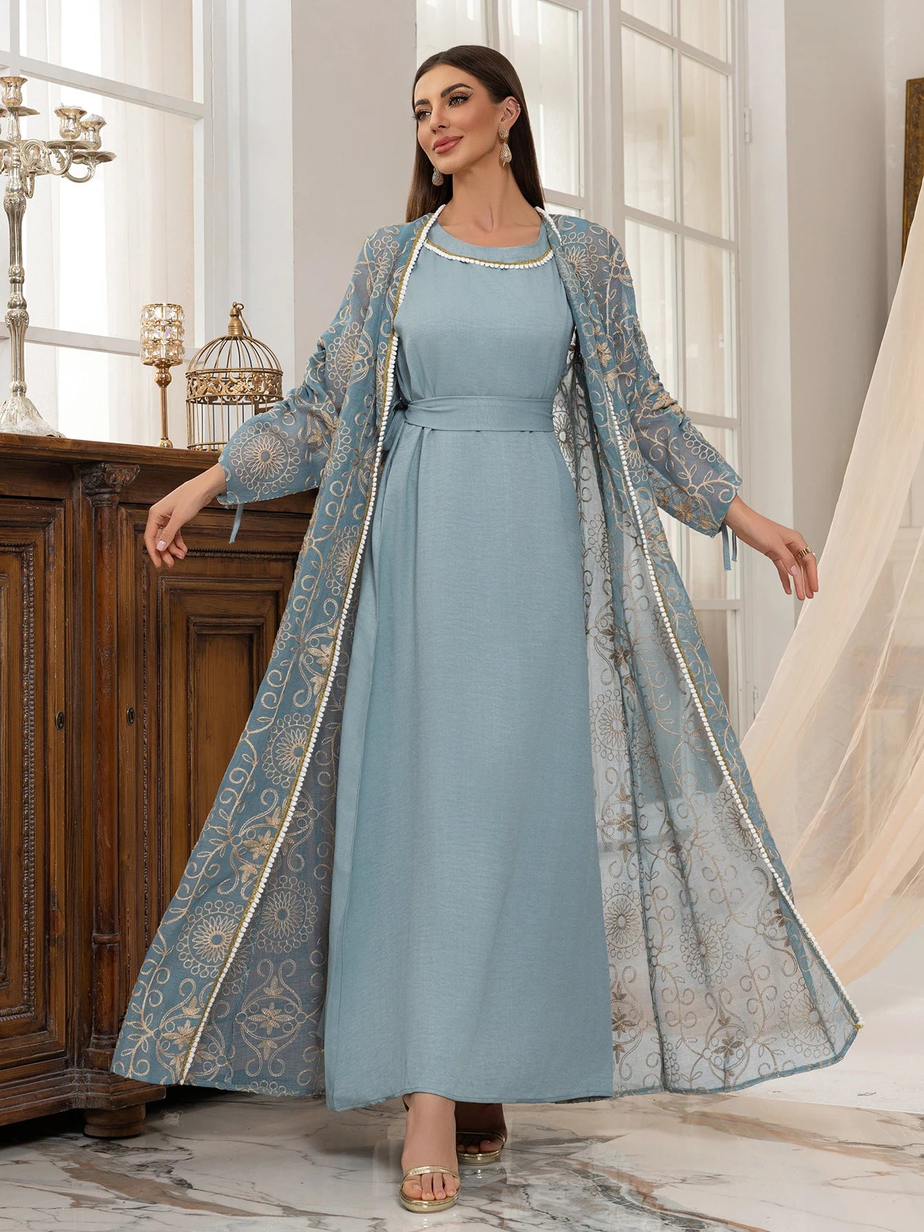 Regal Embroidered Dress Set with Belt Luxurious Modest Elegance for Gathering & Beyond