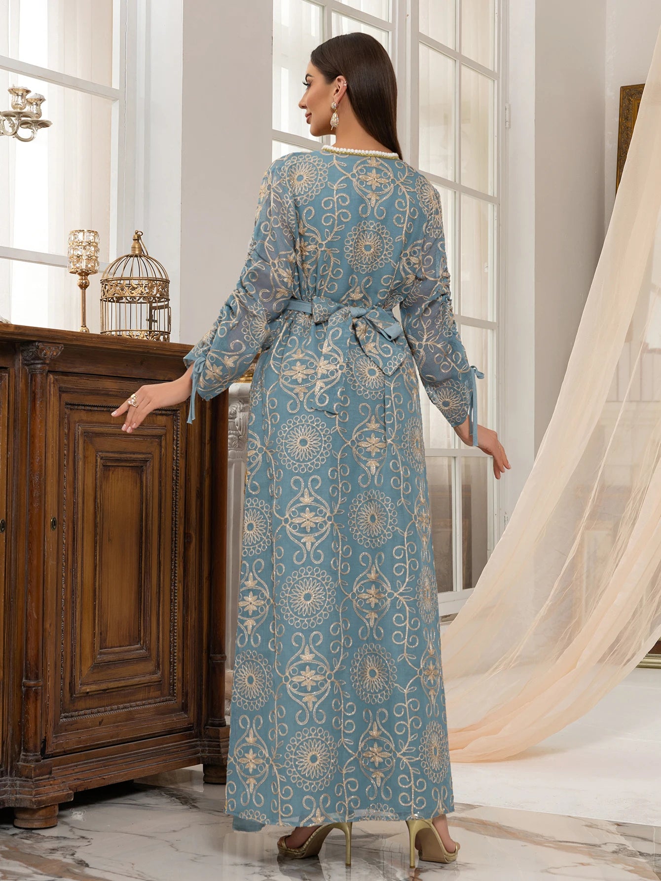 Regal Embroidered Dress Set with Belt Luxurious Modest Elegance for Gathering & Beyond
